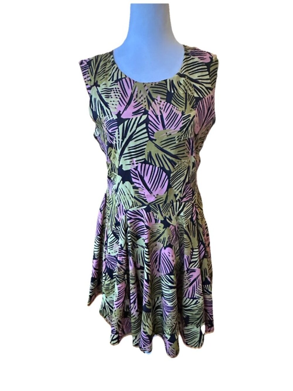 BAR III 3 Tropical Green Pink Sleeveless Tank Fit & Flare Dress Size M